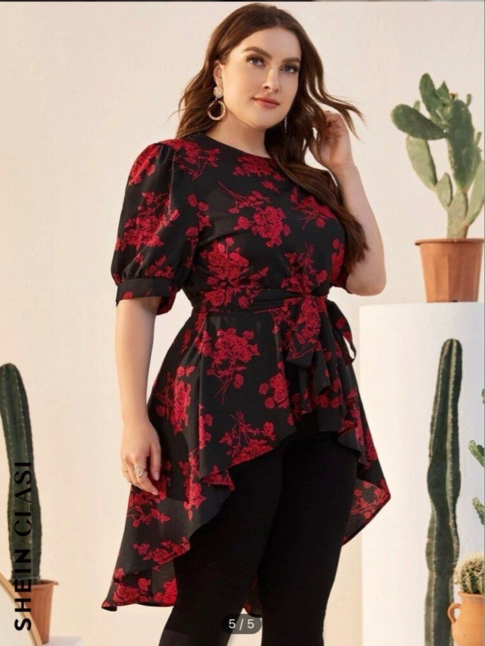Shein Curve Black And Red Floral High-low Tunic With Tie Waist.  2xL